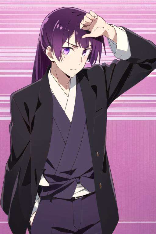 masterpiece, best quality, wallpaper, 1boy, solo, male focus, looking at viewer, , , <lora:kimikage_mogami:0.72>, kimikage_mogami, purple hair, purple eyes, long hair,