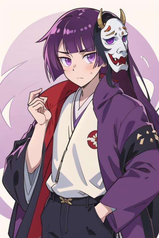 masterpiece, best quality, illustration, 1boy, solo, male focus, looking at viewer, , , <lora:kimikage_mogami:0.72>, kimikage_mogami, purple hair, purple eyes, long hair, japanese clothes, mask, zip-up hoodie, , The Palace of Dreams, HD