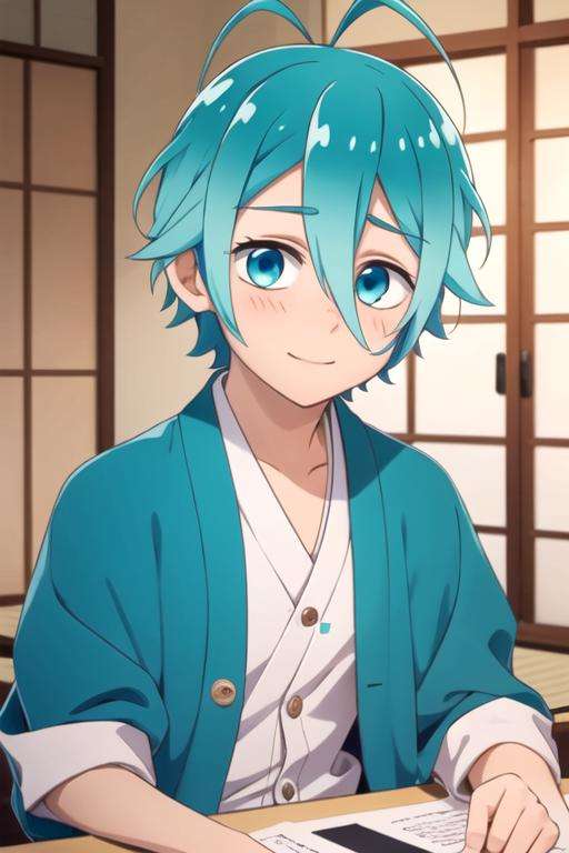 masterpiece, best quality, wallpaper, 1boy, solo, male focus, looking at viewer, , depth of field, <lora:hibiki_kimiya:0.72>, hibiki_kimiya, aqua hair, aqua eyes, button-up shirt, , feudal japan,