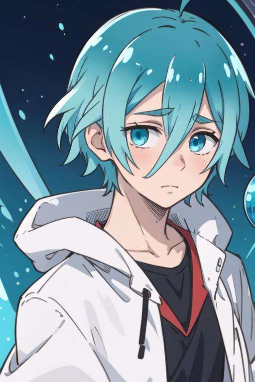 masterpiece, best quality, , 1boy, solo, male focus, looking at viewer, upper body, , <lora:hibiki_kimiya:0.70>, hibiki_kimiya, aqua hair, aqua eyes, toga costume, science fiction hard science fiction,