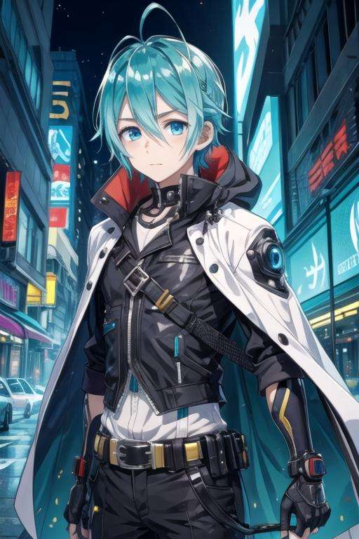 masterpiece, best quality, wallpaper, 1boy, solo, male focus, looking at viewer, , , <lora:hibiki_kimiya:0.66>, hibiki_kimiya, aqua hair, aqua eyes, toga costume, cyberpunk,