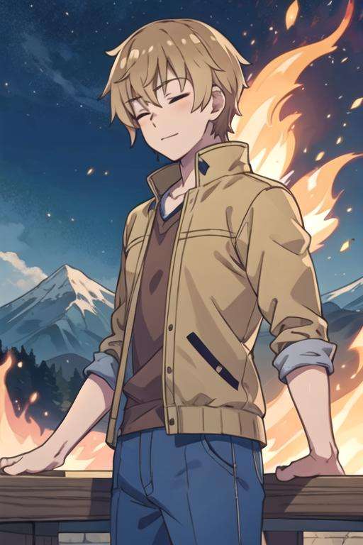 masterpiece, best quality, game cg, 1boy, solo, male focus, looking at viewer, , , <lora:utsugi_tsukimiya:0.74>, utsugi_tsukimiya, brown hair, closed eyes, , , The Mountain of Fire,