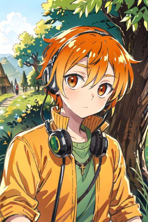 masterpiece, best quality, sketch, 1boy, solo, male focus, looking at viewer, upper body, depth of field, <lora:kabuto_hanadori:0.72>, kabuto_hanadori, orange hair, orange eyes, , headphones, , Middle Earth: A vast and ancient world, home to Elves, Dwarves, Hobbits, and Wizards, 8k resolution