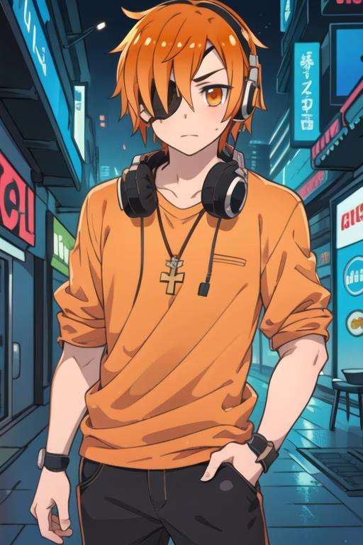 masterpiece, best quality, game cg, 1boy, solo, male focus, looking at viewer, , depth of field, <lora:kabuto_hanadori:0.74>, kabuto_hanadori, orange hair, orange eyes, eyepatch, headphones, luau costume, cyberpunk,