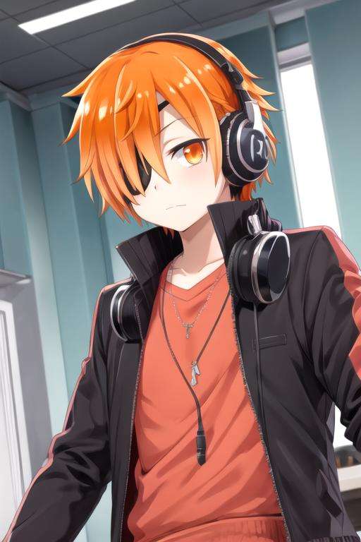 masterpiece, best quality, game cg, 1boy, solo, male focus, looking at viewer, upper body, depth of field, <lora:kabuto_hanadori:0.66>, kabuto_hanadori, orange hair, orange eyes, , headphones, , ,