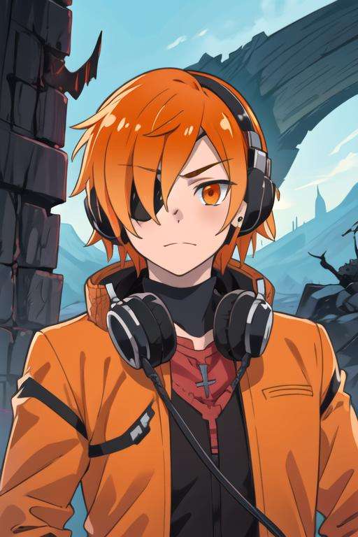 masterpiece, best quality, photorealistic, 1boy, solo, male focus, looking at viewer, upper body, , <lora:kabuto_hanadori:0.72>, kabuto_hanadori, orange hair, orange eyes, , headphones, , Mordor: A dark and evil land ruled by the dark lord Sauron,