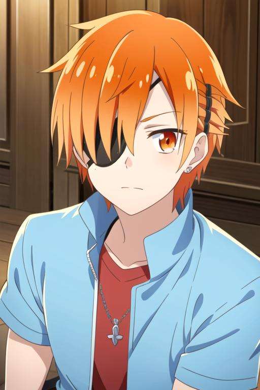 masterpiece, best quality, game cg, 1boy, solo, male focus, looking at viewer, upper body, , <lora:kabuto_hanadori:0.74>, kabuto_hanadori, orange hair, orange eyes, eyepatch,