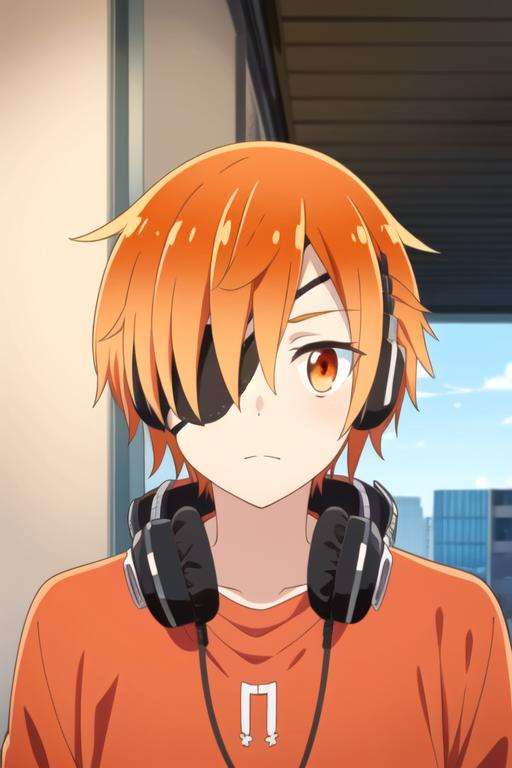 masterpiece, best quality, illustration, 1boy, solo, male focus, looking at viewer, , depth of field, <lora:kabuto_hanadori:0.70>, kabuto_hanadori, orange hair, orange eyes, eyepatch, headphones