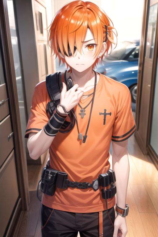 masterpiece, best quality, game cg, 1boy, solo, male focus, looking at viewer, , depth of field, <lora:kabuto_hanadori:0.66>, kabuto_hanadori, orange hair, orange eyes, , , , , aztec,