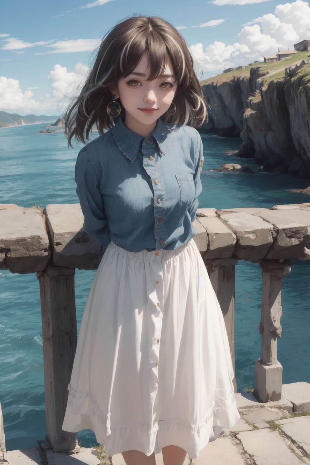 magallan,1girl,masterpiece, best quality,looking at viewer,yellow eyes,casual dress,pov,close view,smile,blue sky, closed_mouth, arms behind back