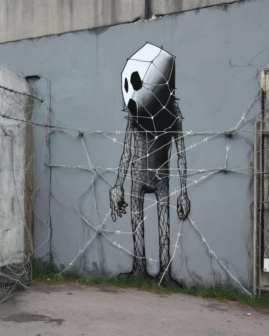 An urban canvas:0.7 showcasing a thought-provoking social commentary:0.5, with a faceless figure:0.4 in grayscale, trapped behind a web of barbed wire:0.3, the stark realism:0.2 evoking a sense of societal confinement.<lora:Street_Art:1.0>