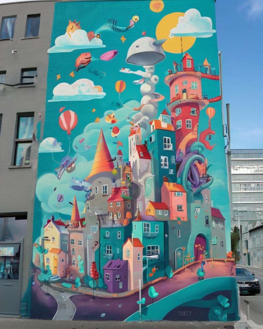 A mural paying tribute to the power of imagination:0.6, with a whimsical cityscape:0.4 that defies the laws of physics, executed with a playful and childlike innocence:0.3, inviting viewers to dream and explore:0.2.<lora:Street_Art:1.0>