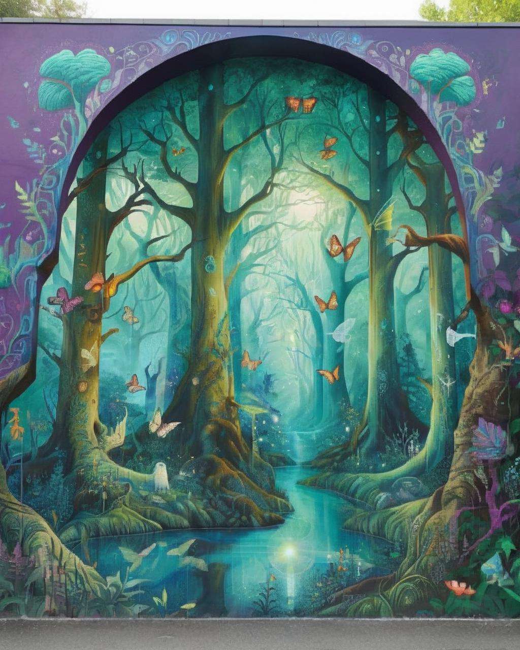 A captivating mural:0.7 depicting a mystical forest:0.5, with trees that transform into ethereal creatures:0.4, inviting viewers to step into a world of enchantment:0.3, painted with intricate and fantastical details:0.2.<lora:Street_Art:1.0>