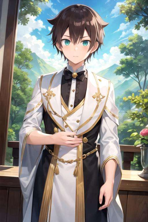 masterpiece, best quality, illustration, 1boy, solo, male focus, looking at viewer, , , <lora:seri_koyuki:0.66>, seri_koyuki, brown hair, green eyes, butler costume, Shambhala: A hidden paradise where enlightened beings live in perfect harmony, High resolution