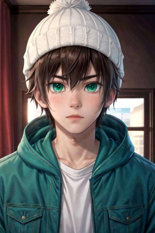 masterpiece, best quality, game cg, 1boy, solo, male focus, looking at viewer, upper body, , <lora:seri_koyuki:0.72>, seri_koyuki, brown hair, green eyes, , beanie, , 8k resolution