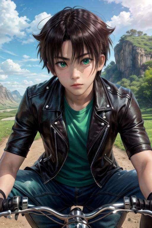 masterpiece, best quality, photorealistic, 1boy, solo, male focus, looking at viewer, , depth of field, <lora:seri_koyuki:0.74>, seri_koyuki, brown hair, green eyes, biker costume, The Valley of the Damned,