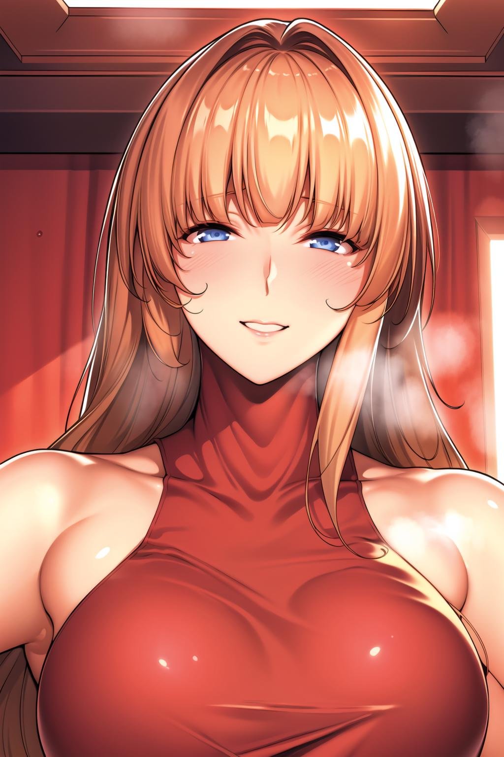 red wall,red shirt,<lora:mira_tsubakihara_masterpiece-KK77-V2:0.7>,blonde hair, blue eyes,long hair,blunt bangs, <lora:Mariana_Luciano_NON_VIRGIN-KK77-V1:0.3>,<lora:more_details:0.1>,1 girl, 20yo,Young female,Beautiful Finger,Beautiful long legs,Beautiful body,Beautiful Nose,Beautiful character design, perfect eyes, perfect face,expressive eyes,perfect balance,looking at viewer,(Focus on her face),closed mouth, (innocent_big_eyes:1.0),Light_Smile,official art,extremely detailed CG unity 8k wallpaper, perfect lighting,Colorful, Bright_Front_face_Lighting,shiny skin, (masterpiece:1.0),(best_quality:1.0), ultra high res,4K,ultra-detailed,photography, 8K, HDR, highres, absurdres:1.2, Kodak portra 400, film grain, blurry background, bokeh:1.2, lens flare, (vibrant_color:1.2),professional photograph, (Beautiful,large_Breasts:1.4), (beautiful_face:1.5),(narrow_waist), 