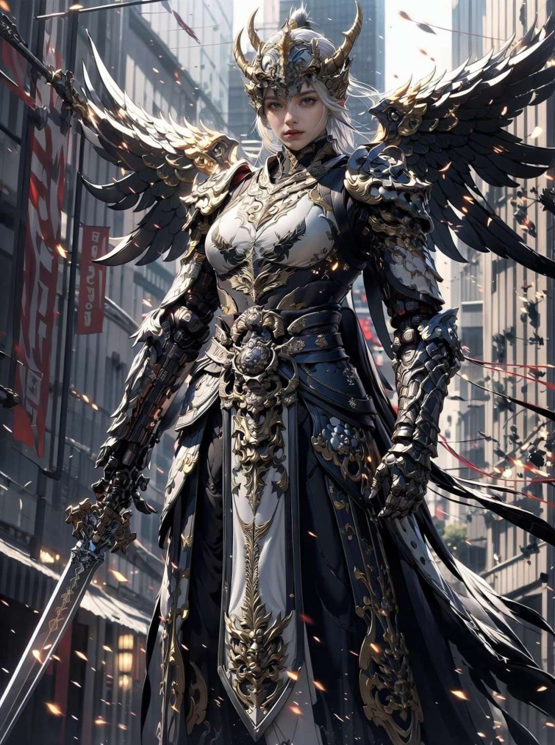 (masterpiece:1.2, best quality:1.1),8K,intricate details,HD,best illustration,wall-paper,intricate details,8K Hd wallpaper:1.6,1girl, weapon, solo, sword, 1girl, armor, long hair, holding, wings, holding weapon, holding sword, white hair, standing, halo, shoulder armor, helmet, covered eyes, joints, facing viewer, feet out of frame, robot joints, glowing, breastplate, gauntlets, building, white armor, android, full armor, pauldrons, city, horns, robot, glowing weapon, looking at viewer, cityscape, angel wings, breasts<lora:cnjj_20230628055345:0.75>   <lora:cnwx_20230621020215:0.4> <lora:cnkj_20230615004359:0.3>