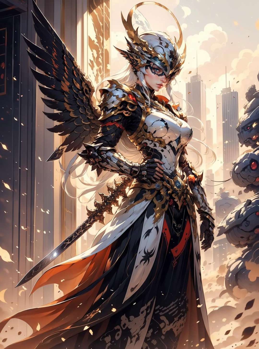 (masterpiece:1.2, best quality:1.1),8K,intricate details,HD,best illustration,wall-paper,intricate details,8K Hd wallpaper:1.6,1girl, weapon, solo, sword, 1girl, armor, long hair, holding, wings, holding weapon, holding sword, white hair, standing, halo, shoulder armor, helmet, covered eyes, joints, facing viewer, feet out of frame, robot joints, glowing, breastplate, gauntlets, building, white armor, android, full armor, pauldrons, city, horns, robot, glowing weapon, looking at viewer, cityscape, angel wings, breasts<lora:cnjj_20230628055345:0.75>   <lora:cnwx_20230621020215:0.4> 