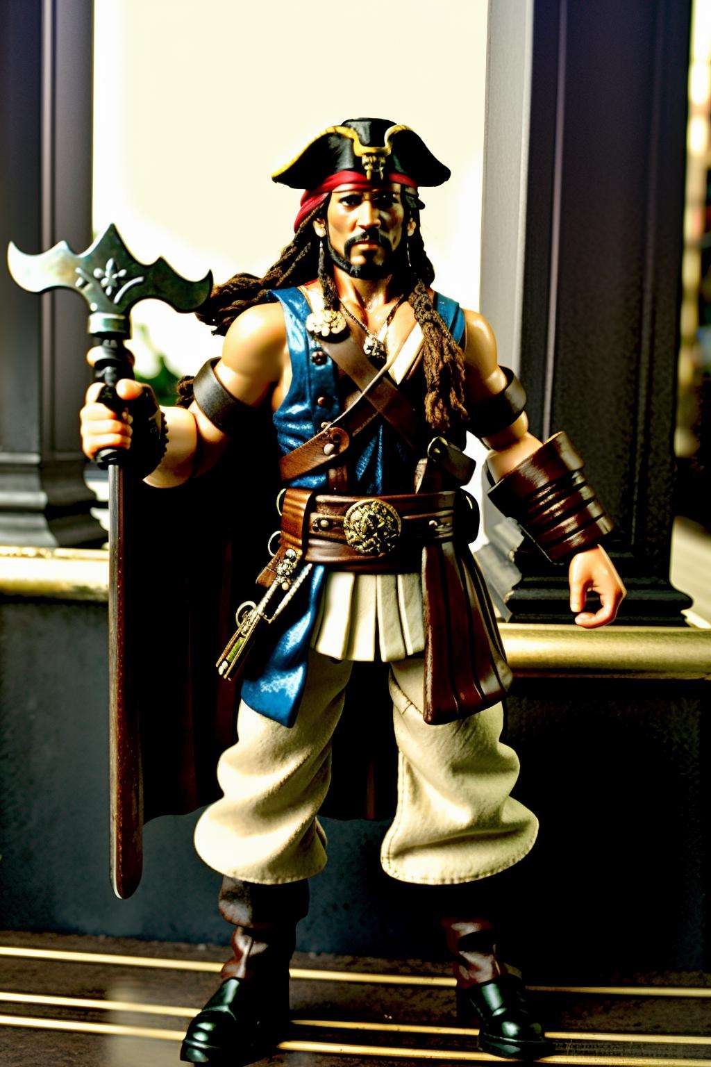 Thor-Pirate: Merging Thor and Captain Jack Sparrow, this figure wields Mjölnir:0.6 with a pirate's charm:0.4 on the high seas. , awe_toys