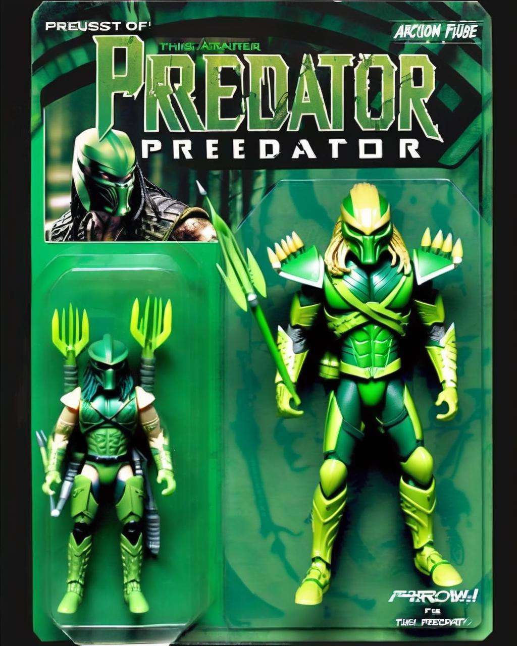 Green-Predator Arrow: A fusion of Green Arrow and Predator, this action figure boasts archery precision:0.6 and extraterrestrial hunting skills:0.4. <lora:Awe_Toys:1.0>