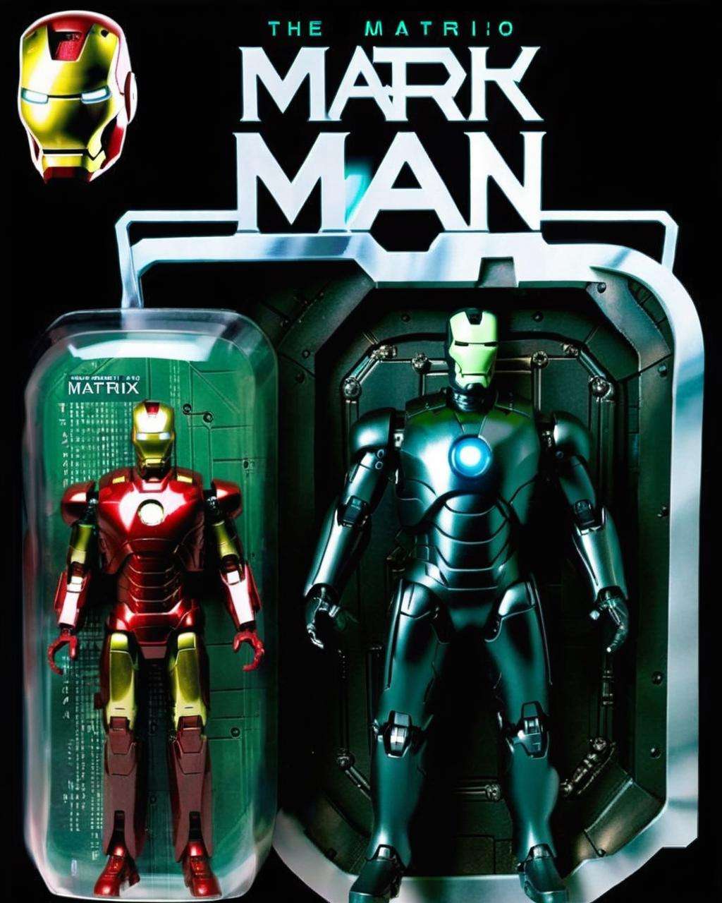 Iron-Matrix Man: Combining Iron Man and Neo from The Matrix, this action figure possesses high-tech armor:0.4 and challenges the digital world:0.4. <lora:Awe_Toys:1.0>