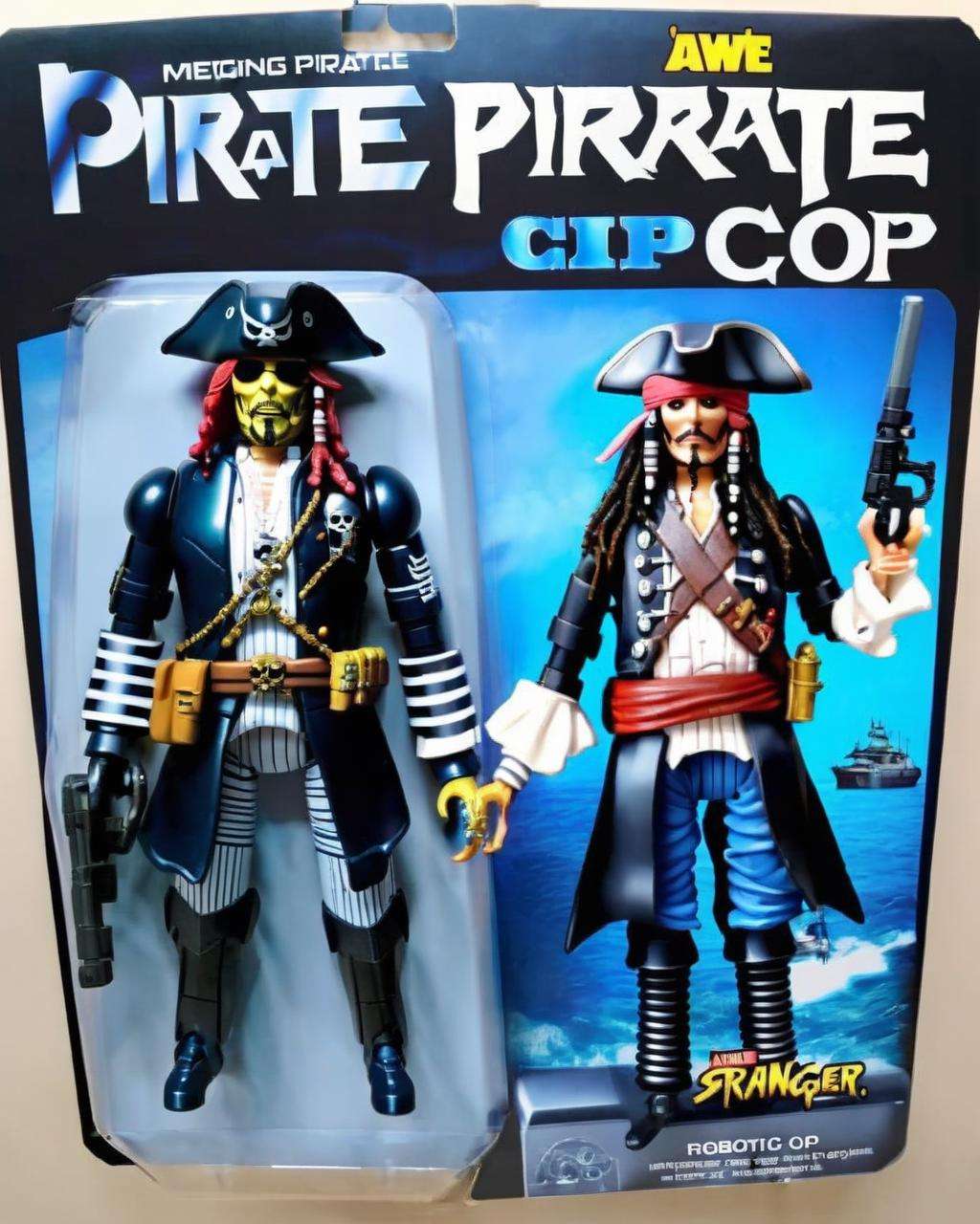 Robo-Pirate Cop: Merging RoboCop and Captain Jack Sparrow, this action figure patrols the high seas:0.4 with robotic precision:0.3 and pirate swagger:0.3. , awe_toys<lora:Awe_Toys:1.0>