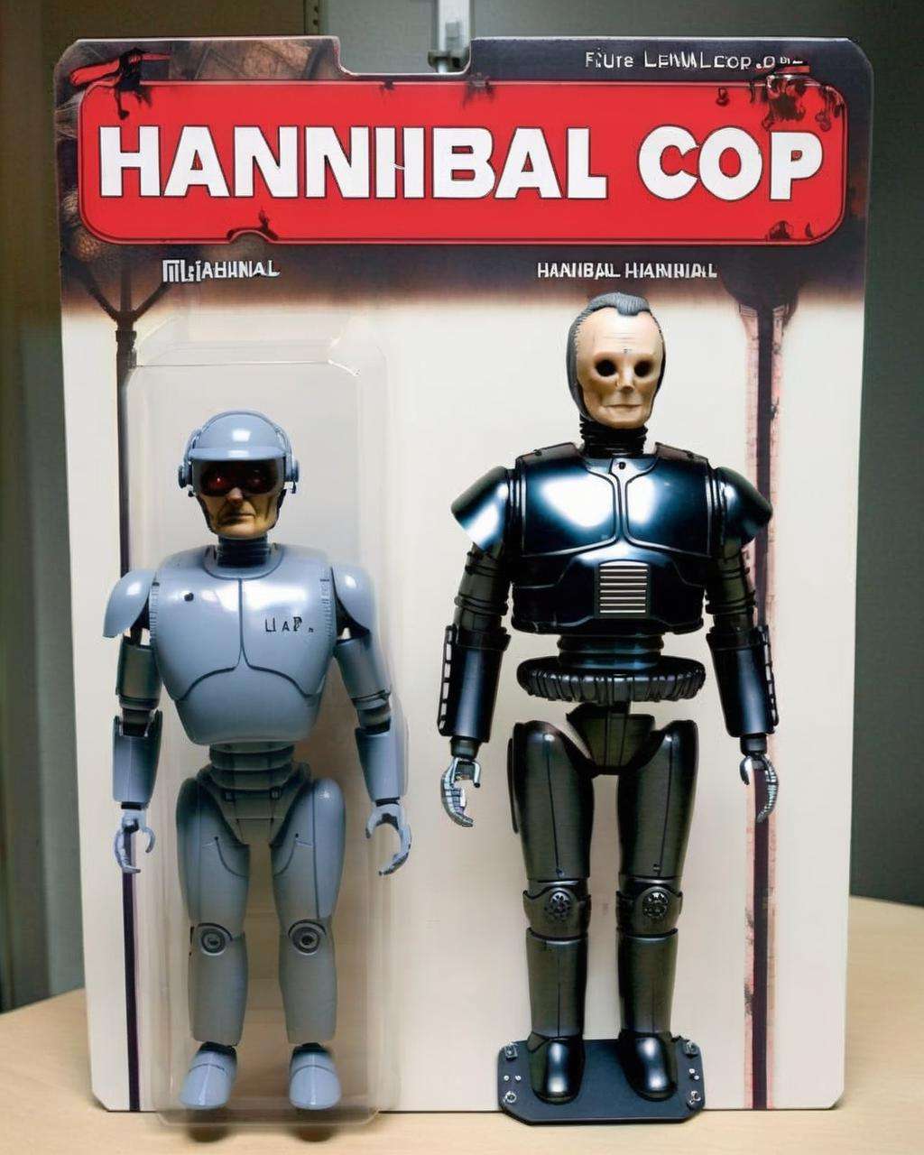 Robo-Hannibal: Merging RoboCop and Hannibal Lecter, this figure patrols the streets:0.6 while harboring a taste for the macabre:0.4. <lora:Awe_Toys:1.0>