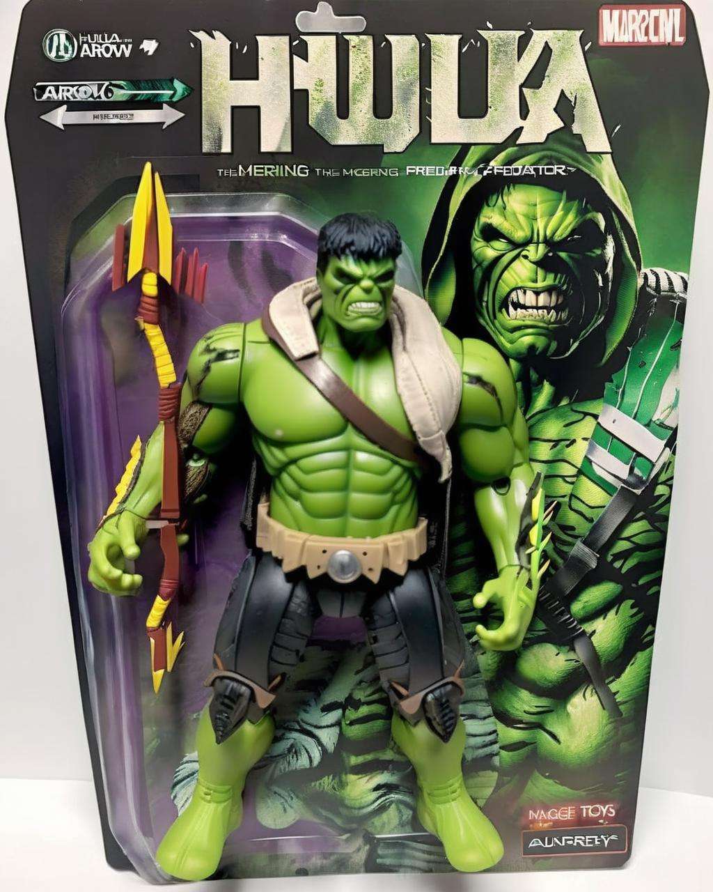 Preda-Hulk Arrow: Merging Predator, The Hulk, and Green Arrow, this action figure hunts with extraterrestrial cunning:0.3, unleashes unstoppable rage:0.3, and showcases archery precision:0.3. , awe_toys<lora:Awe_Toys:1.0>