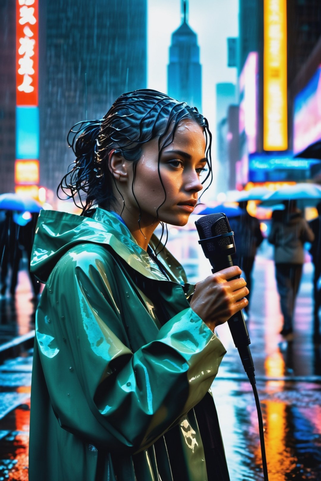 xxmixgirl,1girl, Amidst the relentless urban downpour, a reporter clad in a raincoat clutches a microphone, wind tousling their disheveled hair. The photorealistic scene captures the intricate details of the rain-slicked streets, the glistening drops on the reporter's waterproof attire, and the cinematic lighting that casts an ethereal glow. The reporter's expression is determined, reflecting their dedication to delivering the news, while the bustling cityscape forms an original backdrop of towering skyscrapers and neon-lit billboards. 