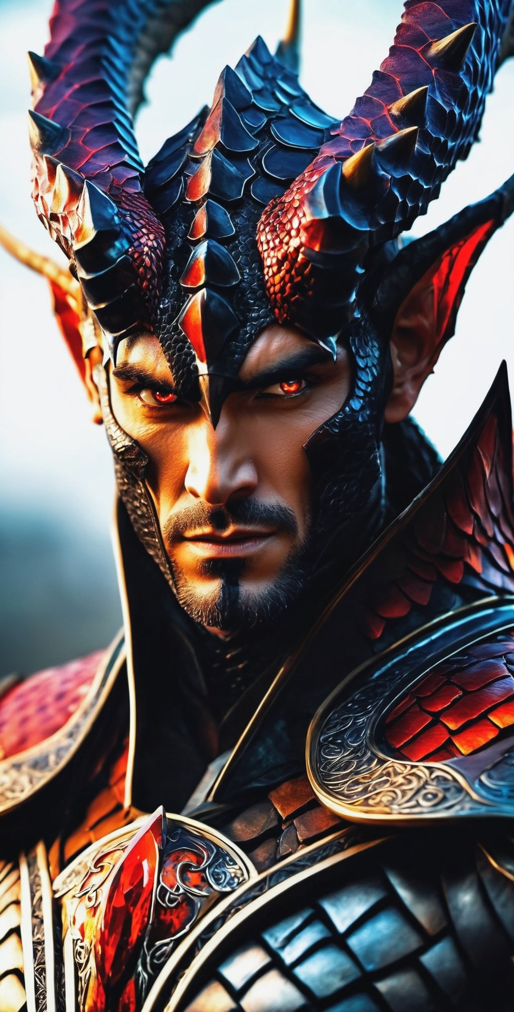 "Create an image of a male character with dragon-scale-like skin covering his entire body. He should have two prominent, twisted horns emerging from his forehead, and his eyes should portray a fierce and angry expression. His hands should feature sharp, deadly claws, adding to his menacing appearance. The overall style should be fantasy-inspired." Glowing eyes, Perfect background for image, photographic realistic masterpiece HDR high quality,