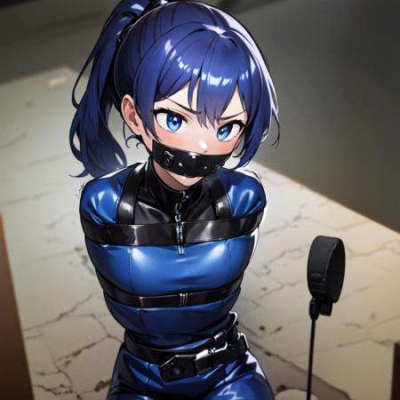 masterpiece, best quality:1.3),1girl,solo,blue suit,blue belt,space ship,((portrait)),(face only)),close up,((interview,Microphone,)),1girl,blue suit,ponytailmummification,mummified,(middle breasts),belt,leather,bondage,(gagged:1.2),arms behind back, bound arms, tape gag, bondage, gagged,<lora:leather:0.7> <lora:brj-stuff-tape-gag-v1:0.7>