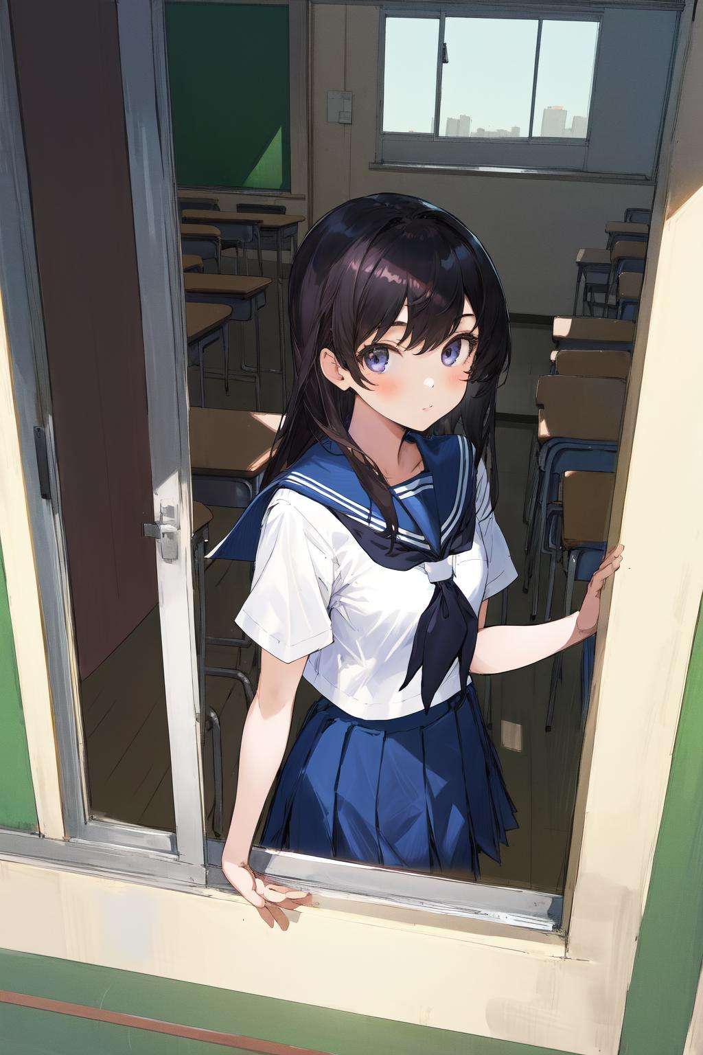 masterpiece, best quality, highres, 1girl, from outside window <lora:from_outside_window:1.6> serafuku, school uniform, classroom, looking at viewer