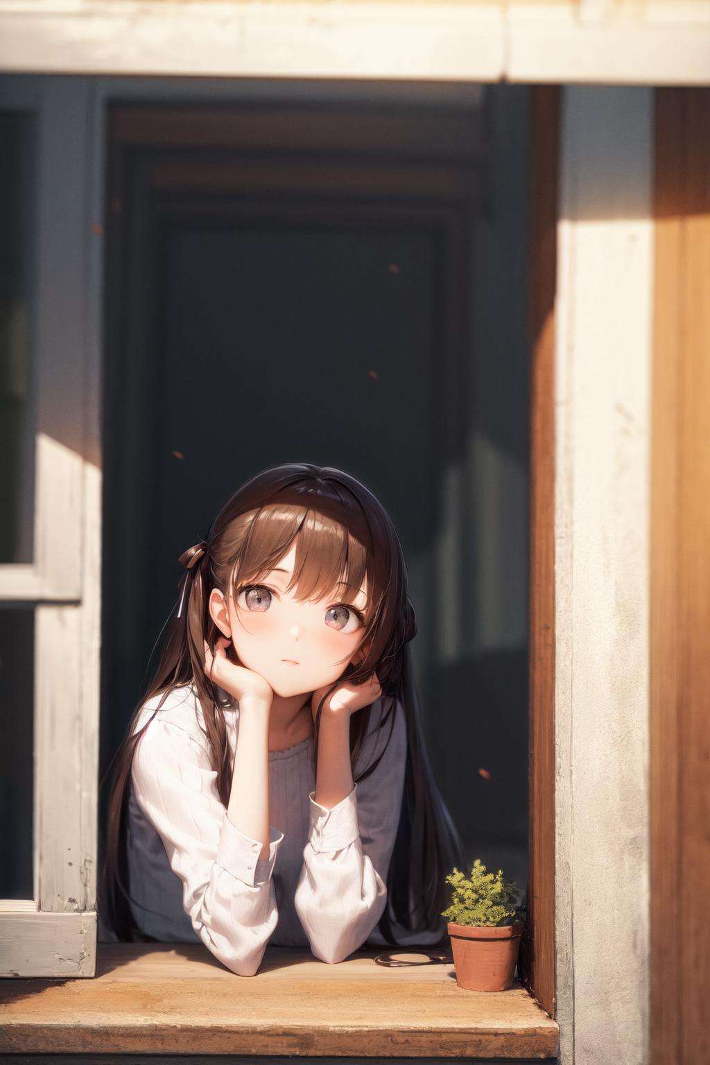 masterpiece, best quality, highres,  1girl, from outside window, looking at viewer, head tilt, head rest <lora:from_outside_window:1.2>