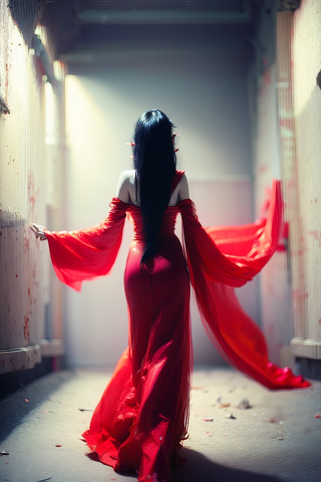 <lora:zskb1:1.5>zskb, 1girl, black hair, long hair, red dress, dress, solo, bare shoulders, from behind, detached sleeves