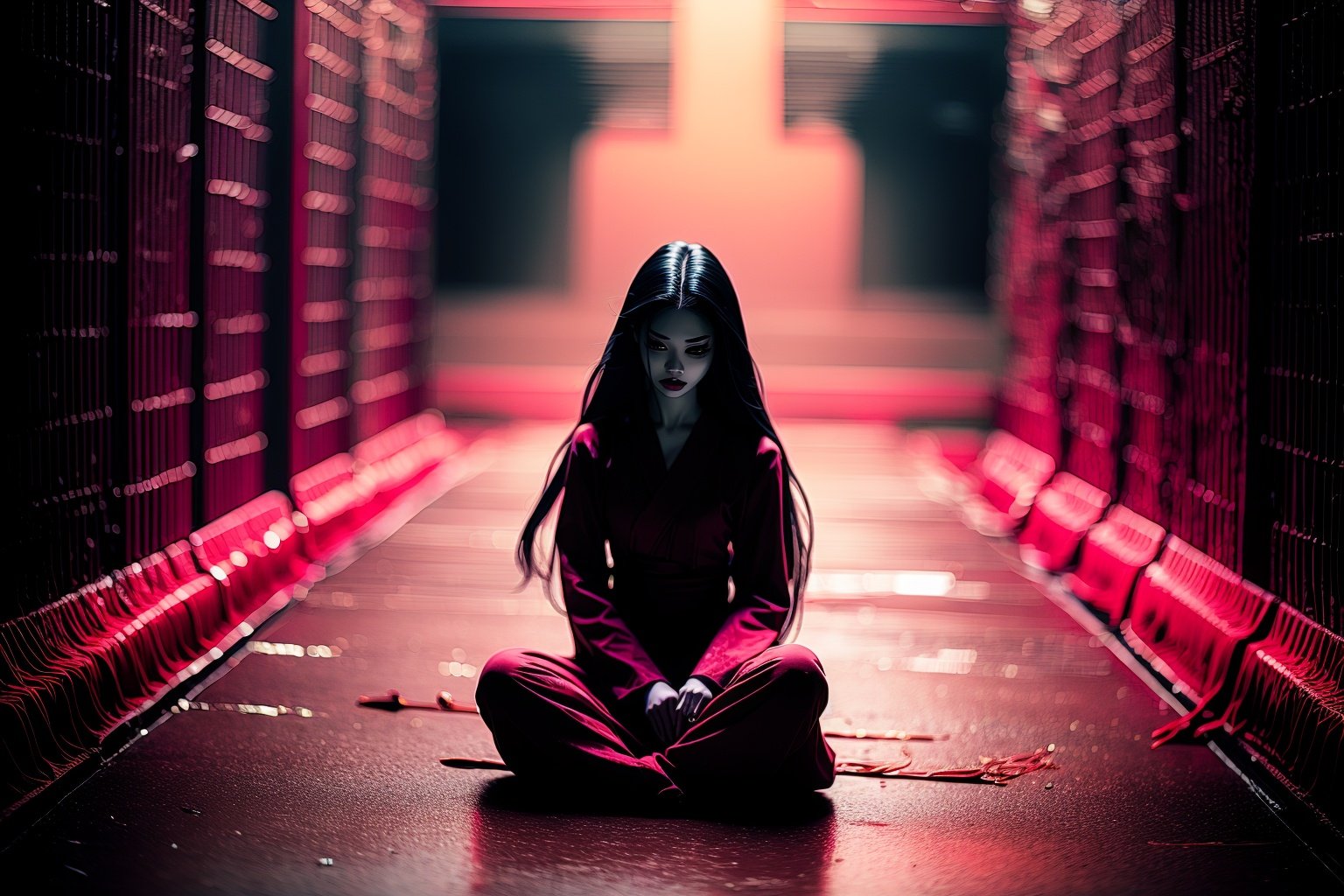 <lora:zskb1:1.5>zskb, 1girl, monster, long hair, black hair, demon, sitting, red theme