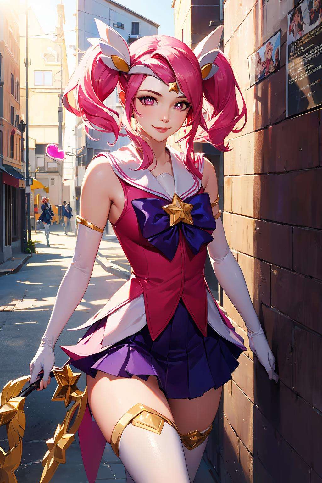 (solo, 1girl), (absurdres, ,highres, official wallpaper, poster), (masterpiece, best quality:1.2), (illustration, realistic), (perfect details, highest detailed, extreme detailed), dramatic light, <lora:starguardianlux:0.9>, starguardianlux, (white thighhighs, elbow gloves, hair ornament, tiara, skirt, star guardian \(league of legends\), ), (heart-shaped pupils, pink hair, twintails, short hair), (street, sunlight, seductive smile, )