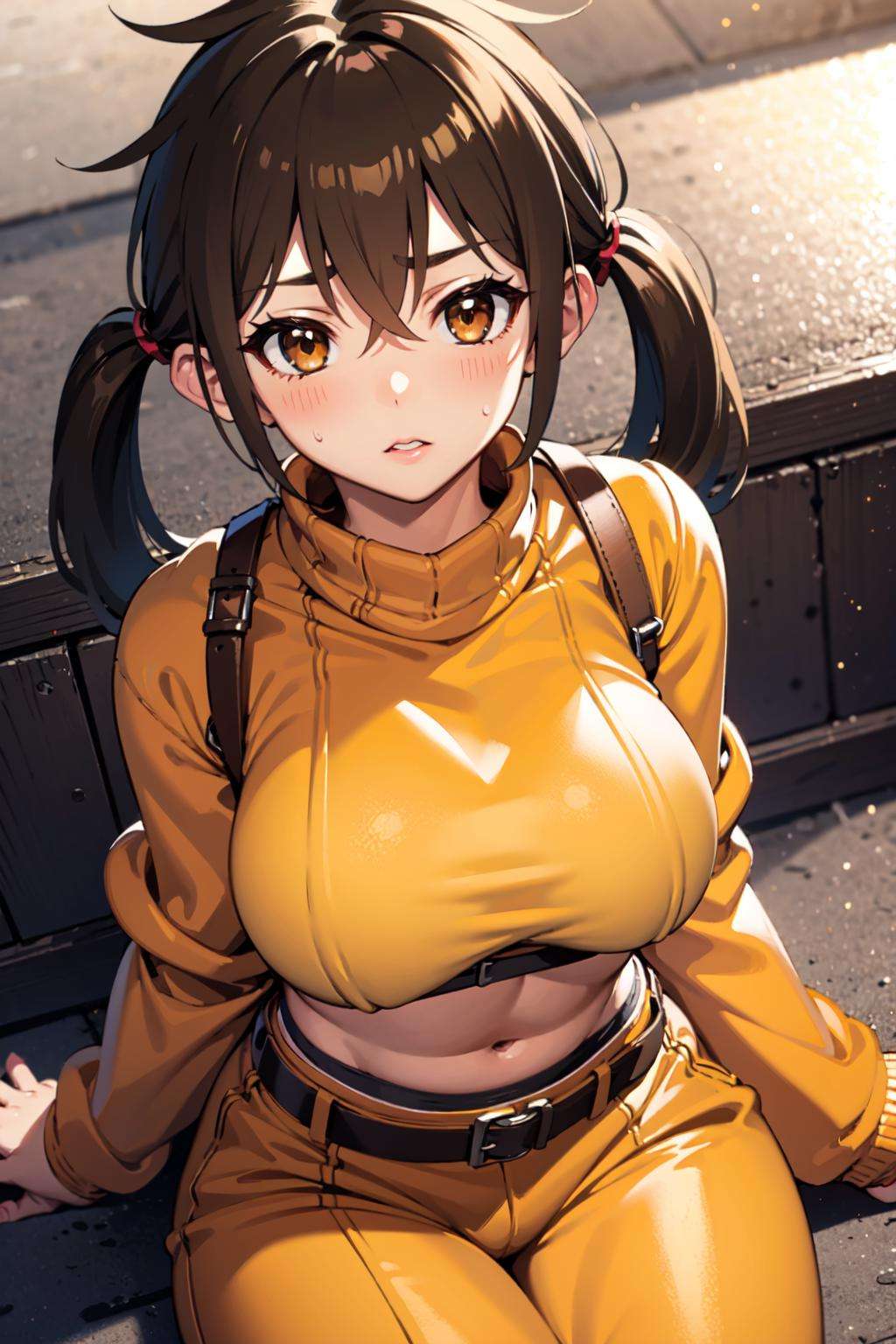 1girl, brown hair, brown eyes, twintails, spiked hair, turtleneck sweater, sweater, sweatpants, large breasts,  <lora:Nowah:0.8>