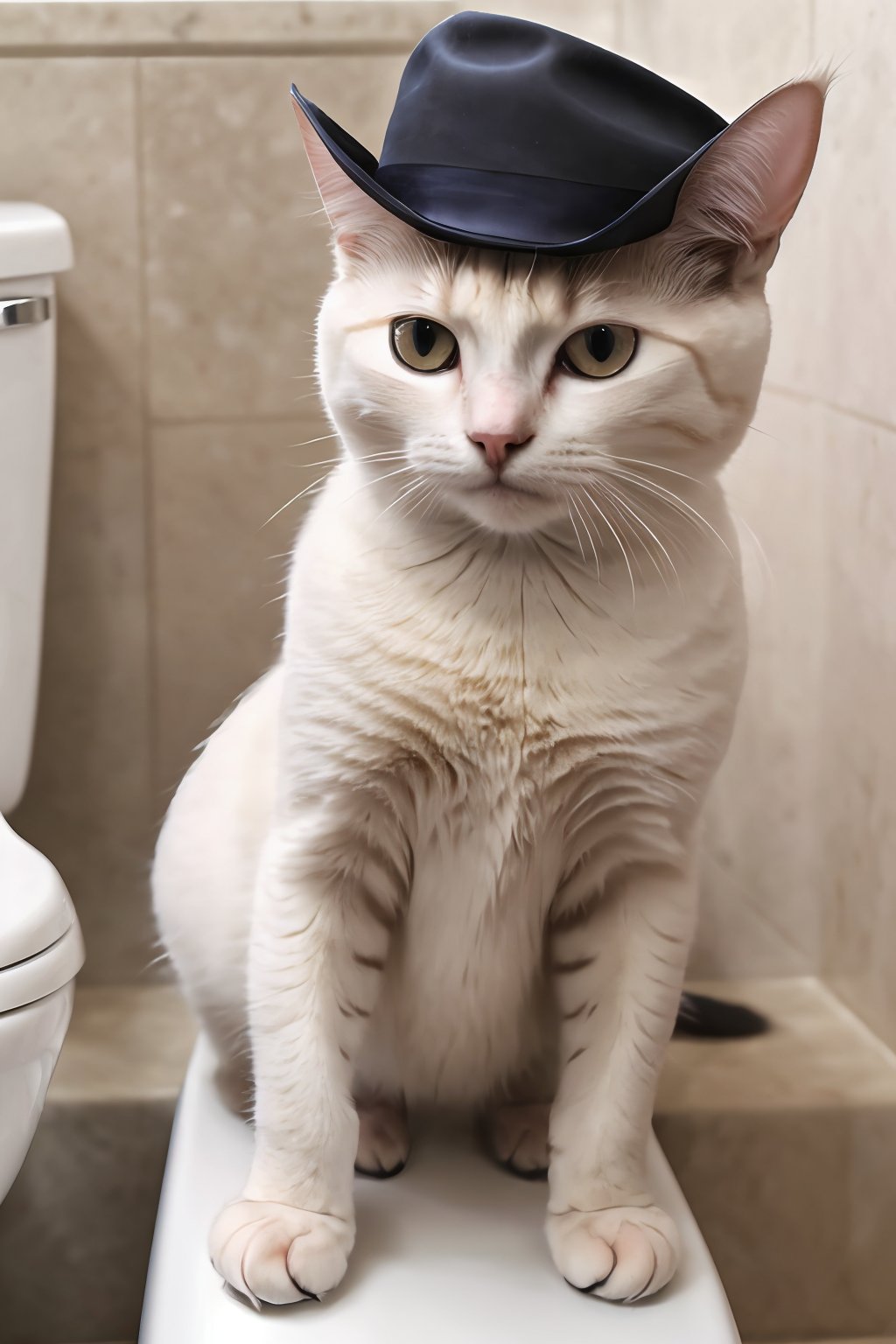 (absurdres, highres, ultra detailed, high resolution:1.1), cat, realistic, non-human, hairy, hat, cute, full body, (dressed animal, clothed animal:1.2),pussy,BSP,toilet