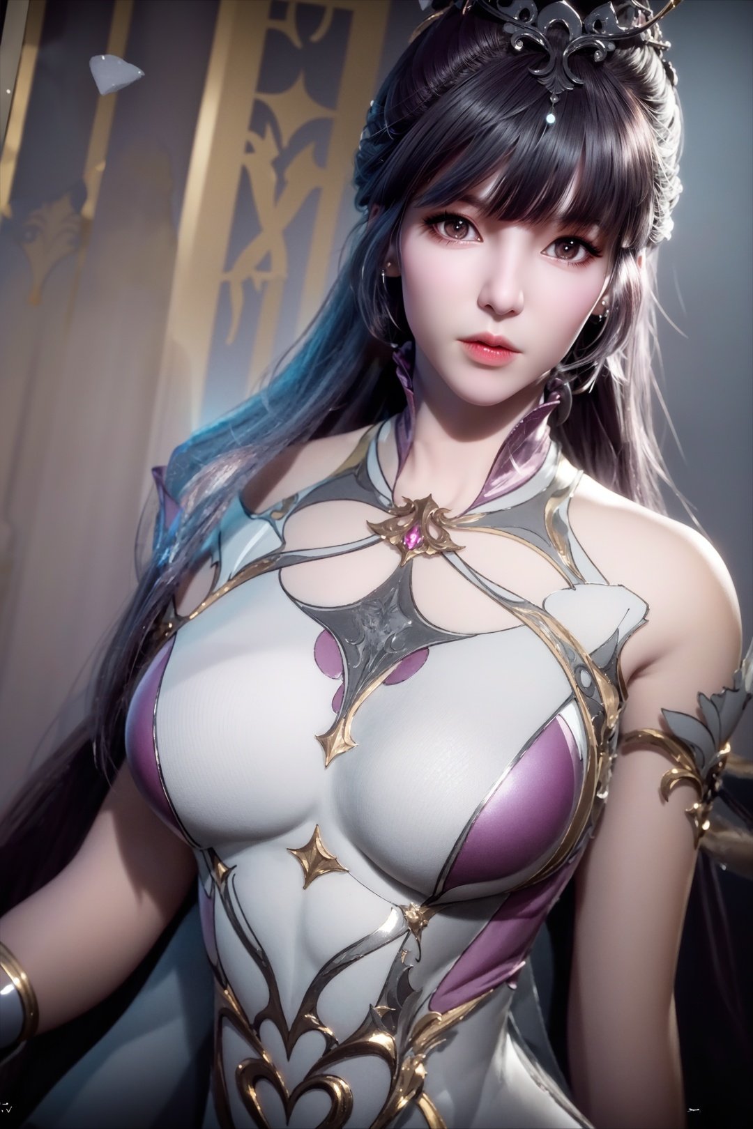 Luxury, noble, beautiful, super realistic, super clear picture quality, 8k, luxurious palace background, overbearing queen, enchanting figure, hand behind, background with holy light runes flashing, immortal aura diffuse, soft light... The other side flower has a big chest, official art, unit 8k wallpaper, super detailed, beautiful and beautiful, masterpiece, best quality, very detailed, dynamic Angle, paper skin, radius, brightness, a painting, a girl in a white and gold gauze dress standing elegantly. Her clothes reflect a luxurious texture, and her presence radiates power. (Masterpiece, best quality, more detail, vertical, realistic, realistic, one detail, sharp focus, movie lighting), ray tracing, Ultra Wide Angle, 4K, Award winning, Yuyao, huge breasts, long hair,