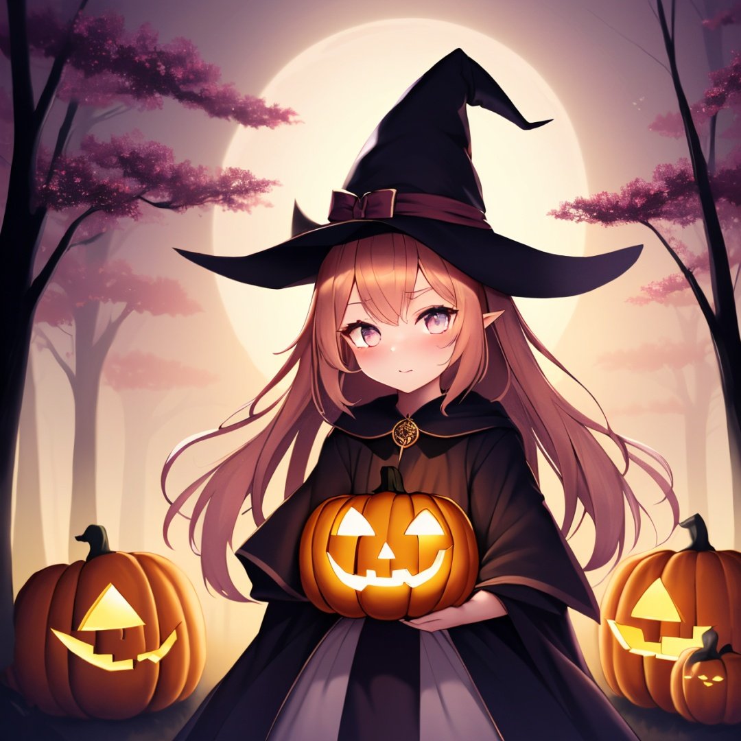 highly detailed, psychedelic art (1.4), woman-demon (1.3), floating in dark mist (1.1),(best quality), (masterpiece), dreamlike art, cute, kawaii, no watermark signature, detailed background, jack-o'-lantern, witch hat, spider web, bats, haunted mansion, full moon, eerie night sky, spooky decorations, ghostly apparitions, pumpkin patch,black cat, gothic elements, supernatural powers, magical spells,spellbindingenchantment, nieni-hd, no humans, blush, open mouth, ghost, smile,