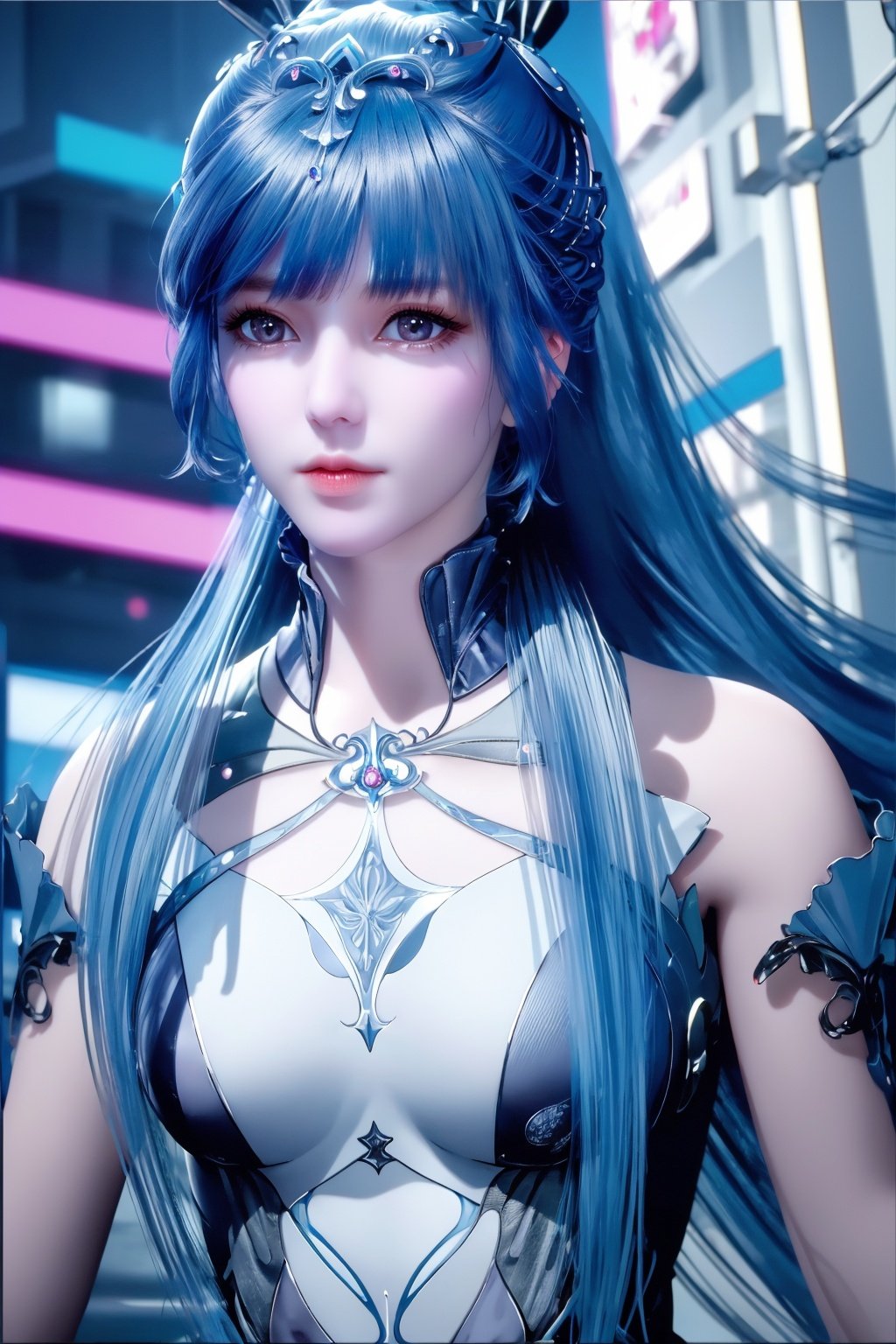 (Masterpiece, Best Picture Quality, Special Effects), Cyberpunk., projecting a girl, blue hair, bangs, futuristic style (module),,1 girl,xwhd