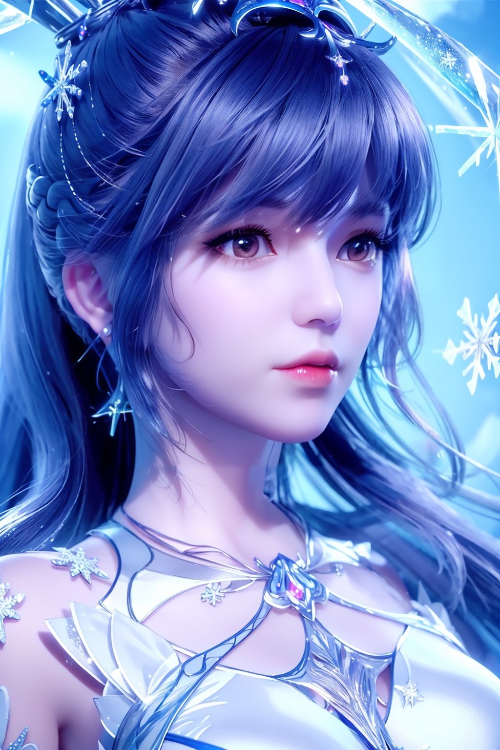 1 girl, upper body, (detailed light), (an extremely delicate and beautiful), volume light, best shadow,cinematic lighting, flash, Depth of field, dynamic angle, Oily skin,
((ice-sculpture-loli)+(detailed eyes)+(detailed messy white ice-hair)+(Extremely delicate and beautiful ice-sculpture-loli)+(Ice-crystals-skin:1.4)+(detailed ice-Texture:1.4))+(Reflective snowflake-skin:1.3)+(blue bustier:1.35)+(Snowflakes on the skin:1.3)+(ice crystals on the skin:1.3)+(ice-snowflake-crown on head:1.25)+(snowflake)+(Cute anime face)+(bell collar:1.3)+(Medium breasts:1.2)+(Extremely delicate and beautiful)+(Flowing-ice:1.3),upper body,
(complexity),((detailed blue-fire-magic-circle background:1.3)+(Snowflake-concentric-circles:1.3)),xwhd,yuzu,huliya,yuyao,glint sparkle