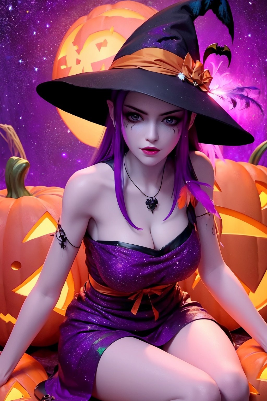  1girl,((lots of galaxy+halloween color feathers):1.3), orange tone color, cute face, sitting, Hair pumpkin, decorative art, pumpkin, xmv-hd, wsj-hd, xwhd, mds-hd,mdsc-hd, jyy-hd