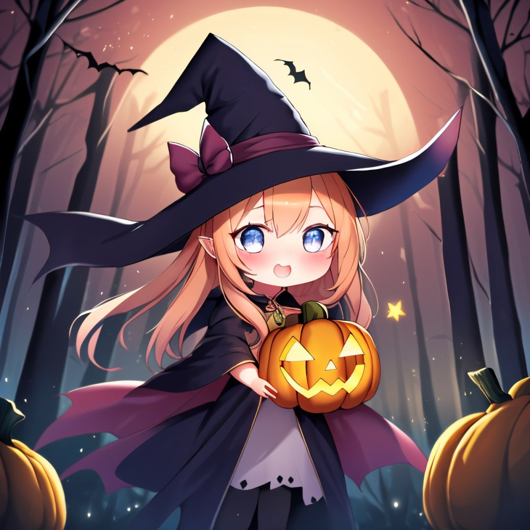 highly detailed, psychedelic art (1.4), woman-demon (1.3), floating in dark mist (1.1),(best quality), (masterpiece), dreamlike art, cute, kawaii, no watermark signature, detailed background, jack-o'-lantern, witch hat, spider web, bats, haunted mansion, full moon, eerie night sky, spooky decorations, ghostly apparitions, pumpkin patch,black cat, gothic elements, supernatural powers, magical spells,spellbindingenchantment, nieni-hd, no humans, blush, open mouth, ghost, smile, wsj-hd