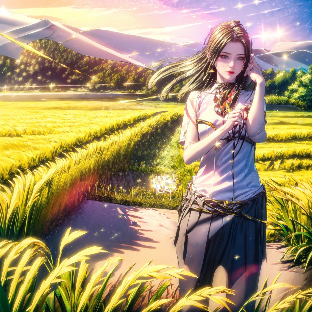  (8k, RAW photo, masterpiece:1.2),solo,(super realistic, photo-realistic:1.3), ultra-detailed, extremely detailed cg 8k wallpaper,hatching (texture),skin gloss,light persona,(crystalstexture skin:1.2), (extremely delicate and beautiful),1girl, outdoors, scenery, grass, railroad tracks, skirt, solo, school uniform, sunlight,Wheat fields, farmers, bumper harvests, mxt-hd, glint sparkle, mds-hd, mz-hd