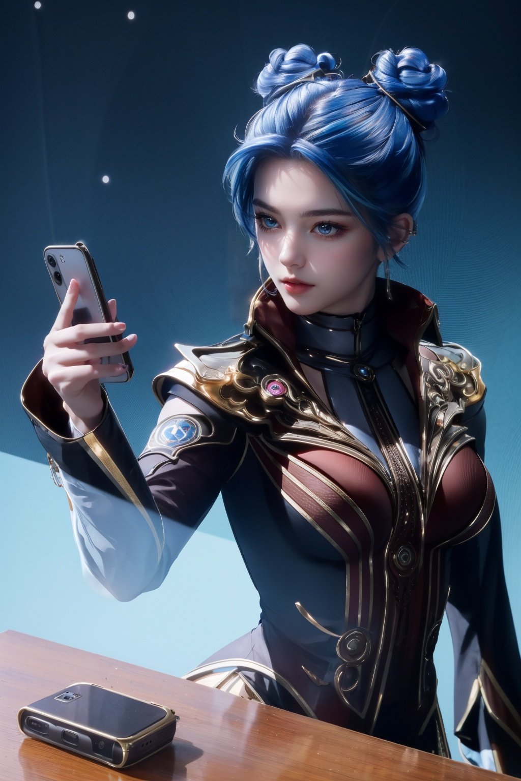 (Masterpiece, Best Picture Quality, Special Effects), Cyberpunk, a high-tech mobile phone with projection function. The phone projects content horizontally on a table, projecting a girl, blue hair, bangs, futuristic style (module),Phone case