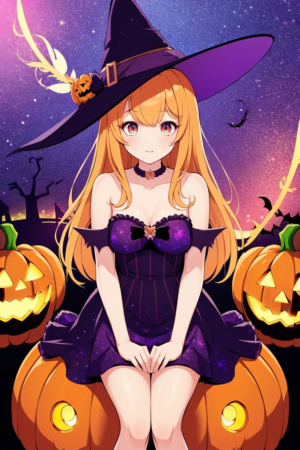  1girl,((lots of galaxy+halloween color feathers):1.3), orange tone color, cute face, sitting, Hair pumpkin, decorative art, pumpkin, xmv-hd, wsj-hd