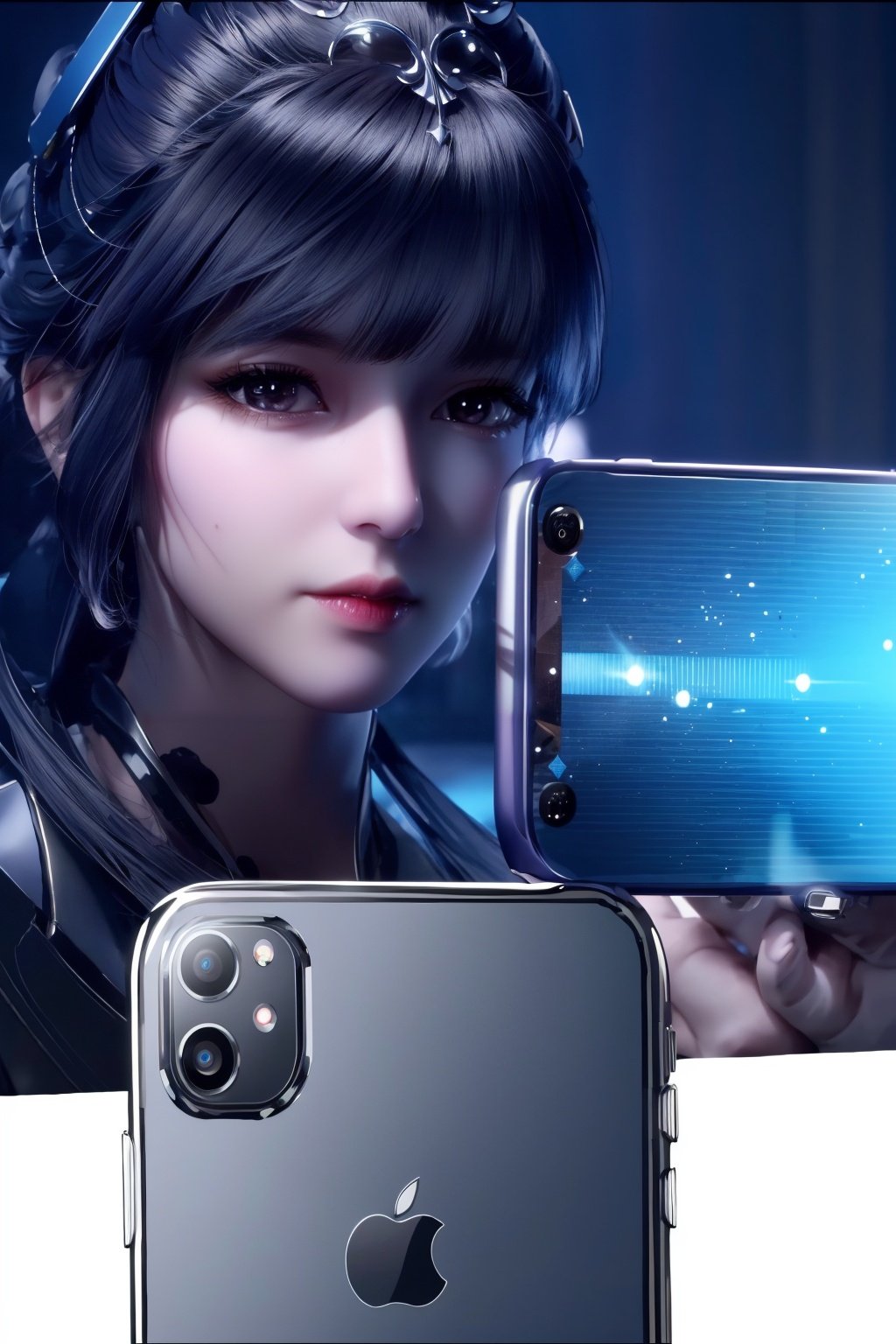 (Masterpiece, Best Picture Quality, Special Effects), Cyberpunk, a high-tech mobile phone with projection function. The phone projects content horizontally on a table, projecting a girl, black hair, bangs, futuristic style (module),Phone case,xwhd,