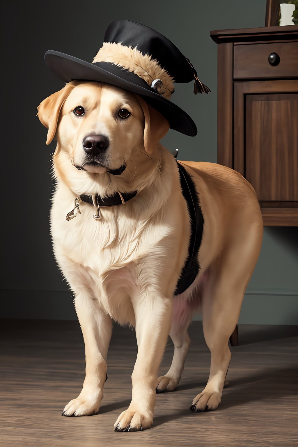 (absurdres, highres, ultra detailed, high resolution:1.1), dog, realistic, non-human, hairy, hat, cute, full body, (dressed animal, clothed animal:1.2),